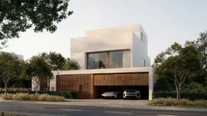 Chevalia Estate 2 at Grand Polo Club & Resort by Emaar modern villa facade with double garage contemporary design and landscaped frontage in Dubai Presented by Tohid Fetrat