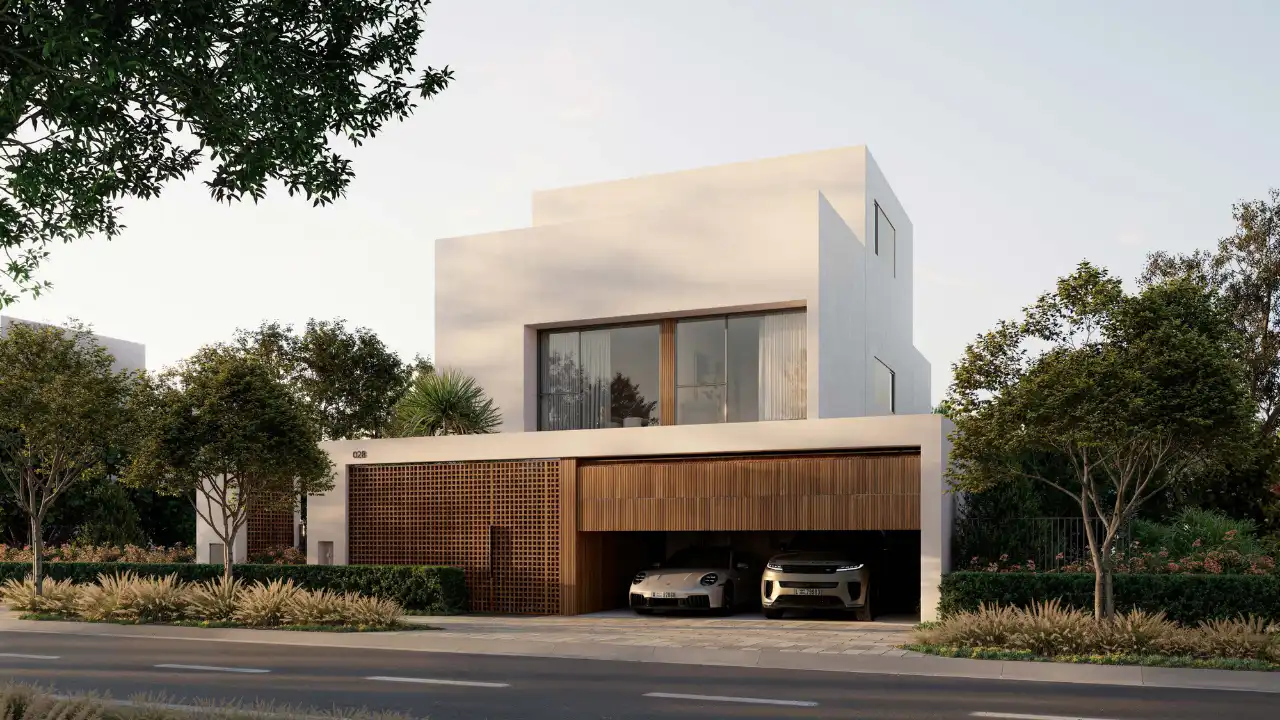 Chevalia Estate 2 at Grand Polo Club & Resort by Emaar modern villa facade with double garage contemporary design and landscaped frontage in Dubai Presented by Tohid Fetrat