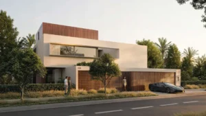Chevalia Estate 2 at Grand Polo Club & Resort by Emaar modern villa facade with clean lines landscaped garden and private parking in Dubai Presented by Tohid Fetrat