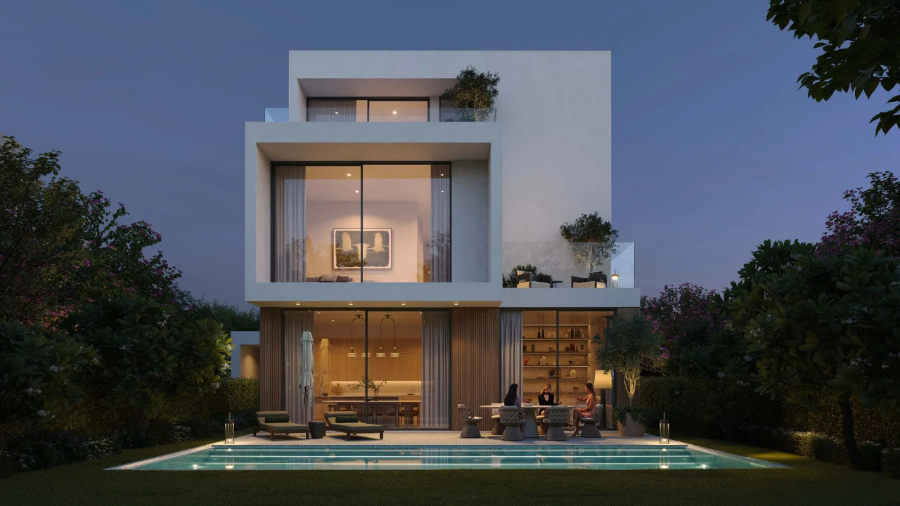 Chevalia Estate 2 at Grand Polo Club & Resort by Emaar luxury villa night view with illuminated pool outdoor terrace and floor to ceiling windows in Dubai Presented by Tohid Fetrat