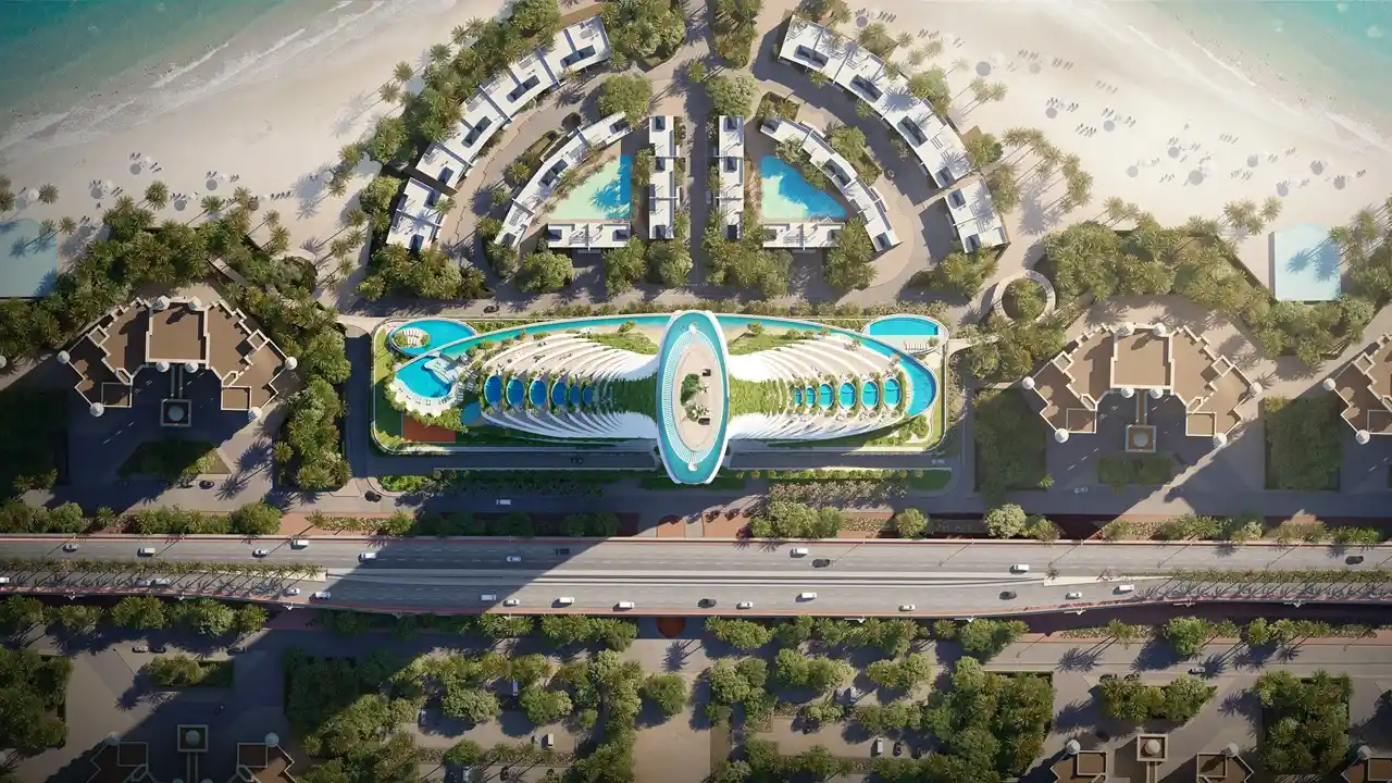 Como Residences construction update May 2025 showing aerial masterplan layout with beachfront positioning, landscaped zones, and surrounding Palm Jumeirah villas in Dubai Presented by Tohid Fetrat