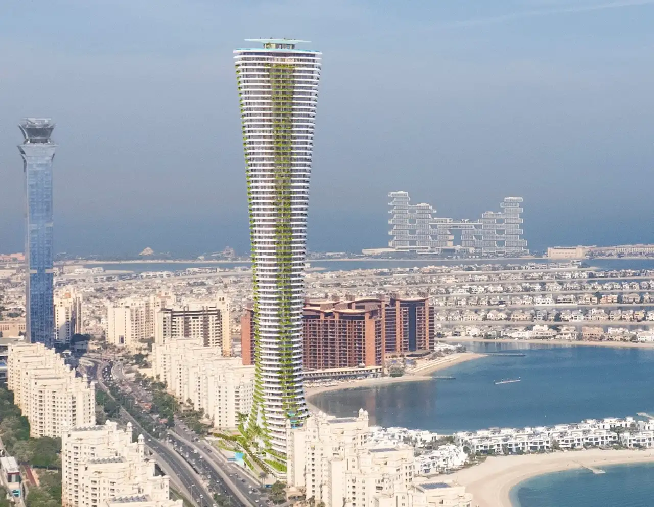 Como Residences construction update November 2023 showing iconic waterfront tower rising along Palm Jumeirah skyline with surrounding coastal developments in Dubai Presented by Tohid Fetrat