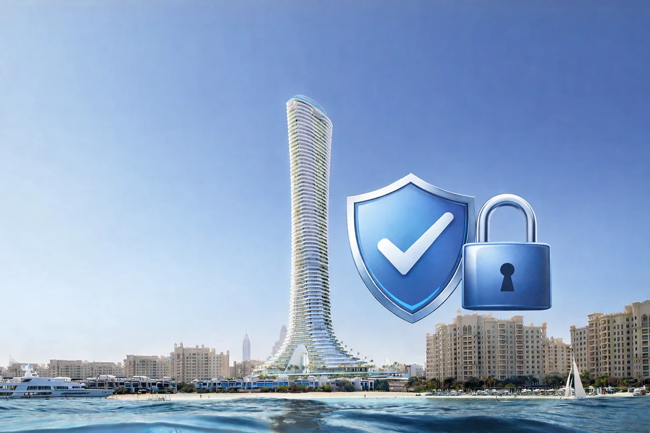 Como Residences at Palm Jumeirah with iconic waterfront tower and escrow protection concept featuring lock and shield icons in Dubai Presented by Tohid Fetrat