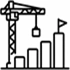Minimal black line icon showing construction crane with rising bar chart representing construction progress Presented by Tohid Fetrat