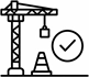 Minimal black line icon showing construction crane with check mark representing construction start Presented by Tohid Fetrat