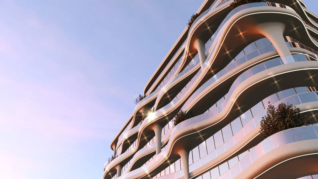 Coralis Grand Residences at Azizi Riviera Meydan architectural detail of curved balconies and glass facade in Dubai Presented by Tohid Fetrat