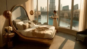 Coralis Grand Residences at Azizi Riviera Meydan bedroom interior with floor to ceiling windows overlooking canal view in Dubai Presented by Tohid Fetrat