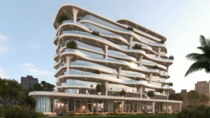 Coralis Grand Residences at Azizi Riviera Meydan corner building exterior with curved terraces and glass facade in Dubai Presented by Tohid Fetrat
