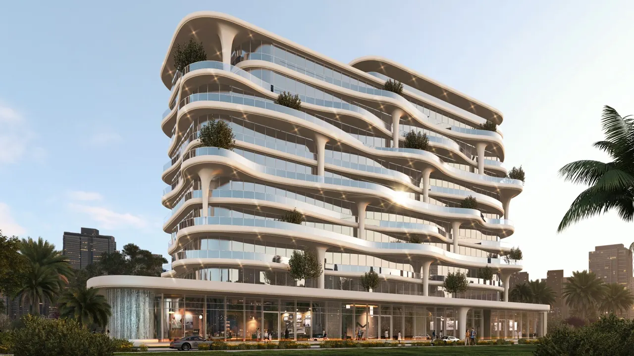 Coralis Grand Residences at Azizi Riviera Meydan corner building exterior with curved terraces and glass facade in Dubai Presented by Tohid Fetrat
