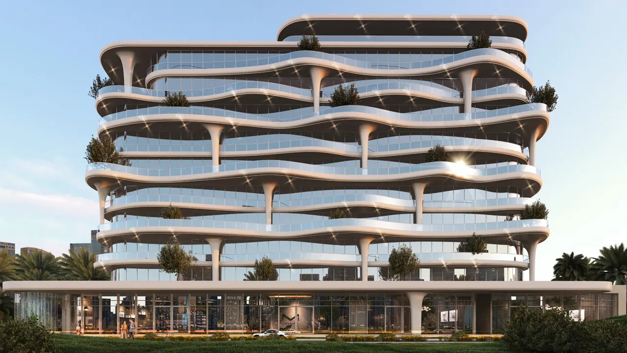 Coralis Grand Residences at Azizi Riviera Meydan building exterior with flowing balconies and glass facade in Dubai Presented by Tohid Fetrat