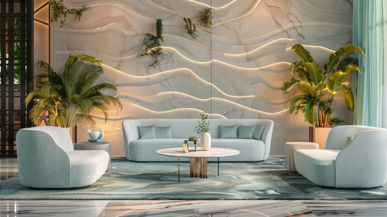 Coralis Grand Residences at Azizi Riviera Meydan lobby lounge with sculpted art wall soft seating and indoor greenery in Dubai Presented by Tohid Fetrat