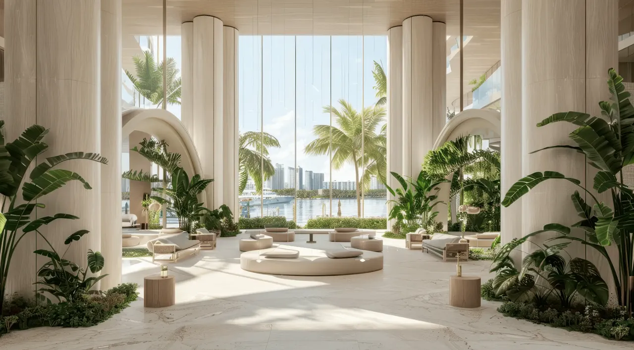 Coralis Grand Residences at Azizi Riviera Meydan podium level lounge with lush greenery and waterfront view through large glass facade in Dubai Presented by Tohid Fetrat