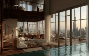 Coralis Grand Residences at Azizi Riviera Meydan sky villa duplex living area with private pool and Burj Khalifa view in Dubai Presented by Tohid Fetrat