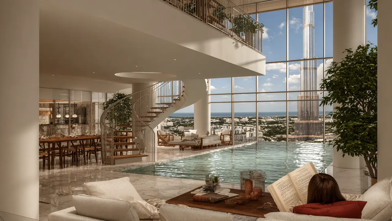 Coralis Grand Residences at Azizi Riviera Meydan sky villa with indoor pool floor to ceiling windows and Burj Khalifa view in Dubai Presented by Tohid Fetrat