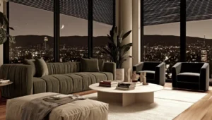Coralis Grand Residences at Azizi Riviera Meydan sky villa living room with panoramic night city view through floor to ceiling windows in Dubai Presented by Tohid Fetrat