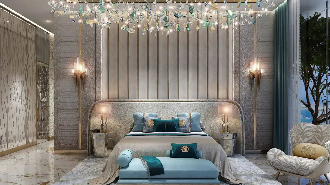 DAMAC Bay by Cavalli luxury bedroom interior with upholstered headboard marble accents chandelier lighting and elegant decor in Dubai - Presented by Tohid Fetrat