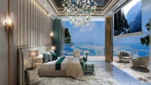 DAMAC Bay by Cavalli luxury bedroom with floor to ceiling windows panoramic sea view chandelier lighting and elegant interior in Dubai - Presented by Tohid Fetrat