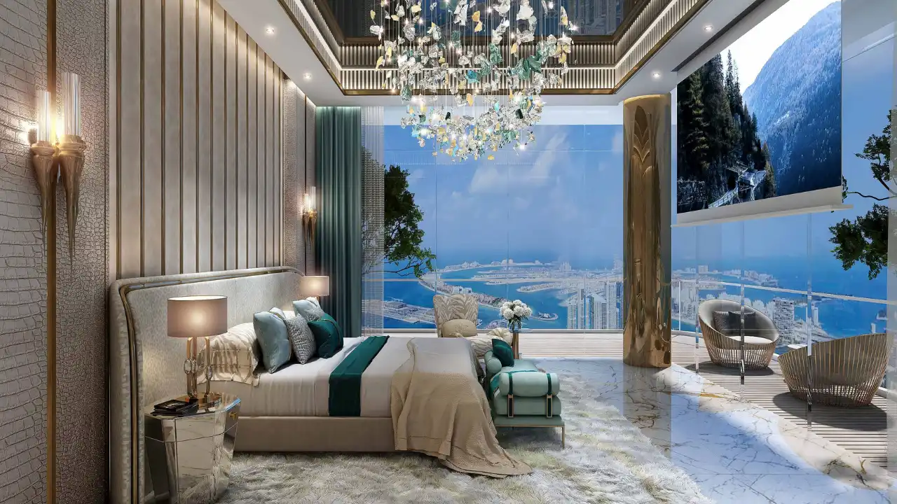 DAMAC Bay by Cavalli luxury bedroom with floor to ceiling windows panoramic sea view chandelier lighting and elegant interior in Dubai - Presented by Tohid Fetrat