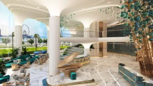 DAMAC Bay by Cavalli luxury lobby interior with grand piano marble flooring curved columns and panoramic windows in Dubai - Presented by Tohid Fetrat