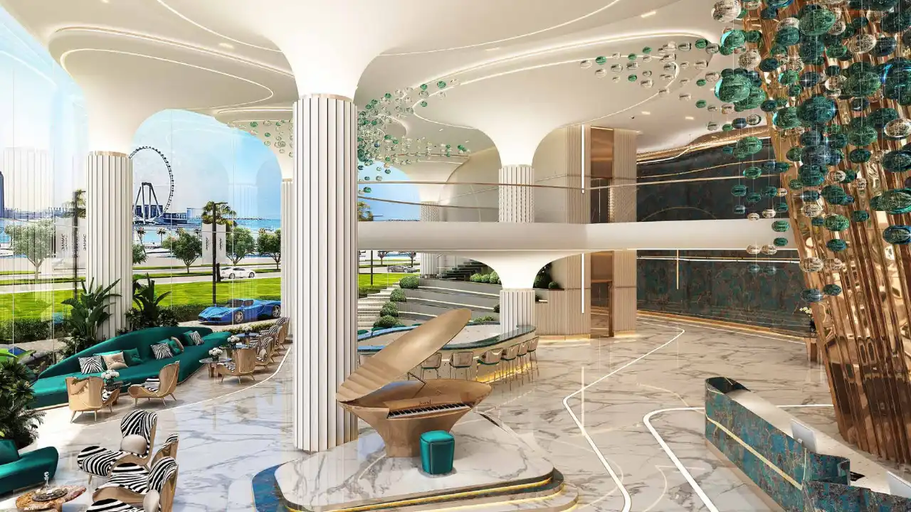 DAMAC Bay by Cavalli luxury lobby interior with grand piano marble flooring curved columns and panoramic windows in Dubai - Presented by Tohid Fetrat