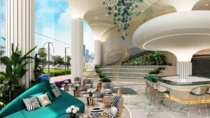 DAMAC Bay by Cavalli luxury lobby interior with marble flooring curved architecture lounge seating and bar area in Dubai - Presented by Tohid Fetrat