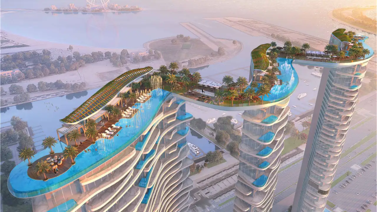 DAMAC Bay by Cavalli sky bridge with infinity pool and rooftop greenery connecting luxury towers in Dubai - Presented by Tohid Fetrat