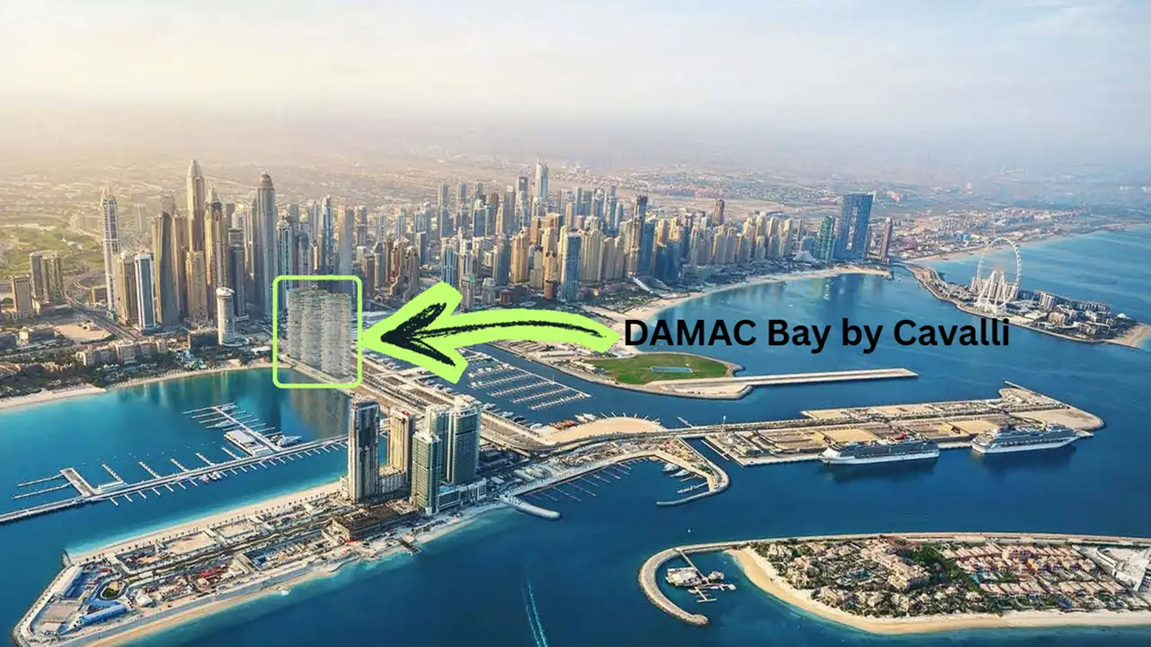 DAMAC Bay by Cavalli location highlighted within Dubai Harbour with aerial view of marina skyline and coastline in Dubai - Presented by Tohid Fetrat