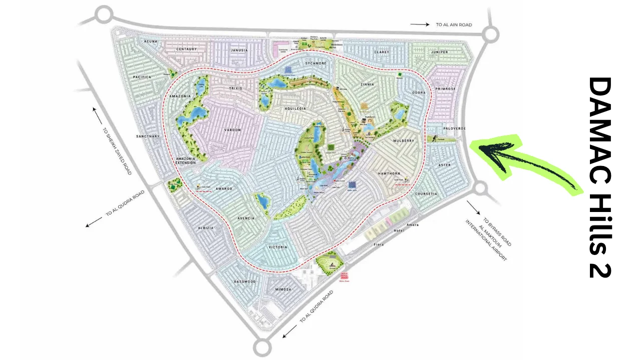 DAMAC Hills 2 by DAMAC Properties masterplan showing community layout residential clusters lagoons green spaces and road network in Dubai - Presented by Tohid Fetrat
