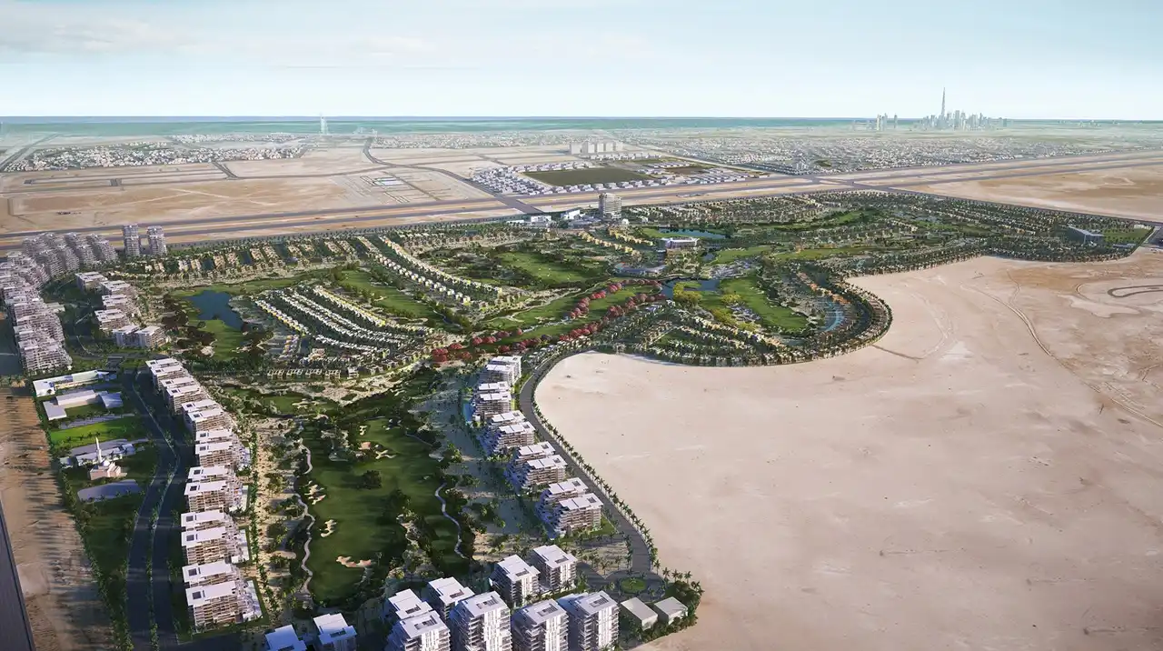 DAMAC Hills masterplan aerial view showing golf course layout residential clusters green landscapes and surrounding desert in Dubai Presented by Tohid Fetrat