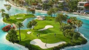 DAMAC Islands by DAMAC Properties golf island surrounded by lagoon water with landscaped greens palm trees and waterfront villas in Dubai - Presented by Tohid Fetrat
