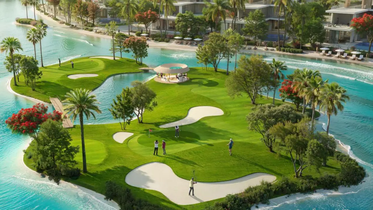 DAMAC Islands by DAMAC Properties golf island surrounded by lagoon water with landscaped greens palm trees and waterfront villas in Dubai - Presented by Tohid Fetrat