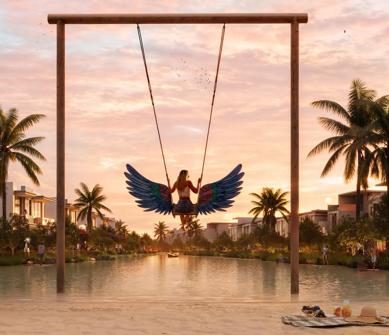 DAMAC Islands by DAMAC Properties lagoon swing with decorative wings overlooking waterfront villas and palm trees at sunset in Dubai - Presented by Tohid Fetrat