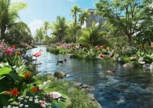 DAMAC Islands by DAMAC Properties landscaped water garden with flowing stream tropical plants and wildlife in Dubai - Presented by Tohid Fetrat