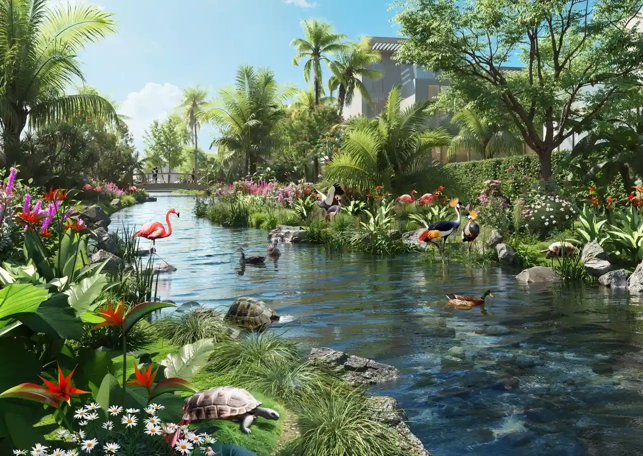 DAMAC Islands by DAMAC Properties landscaped water garden with flowing stream tropical plants and wildlife in Dubai - Presented by Tohid Fetrat