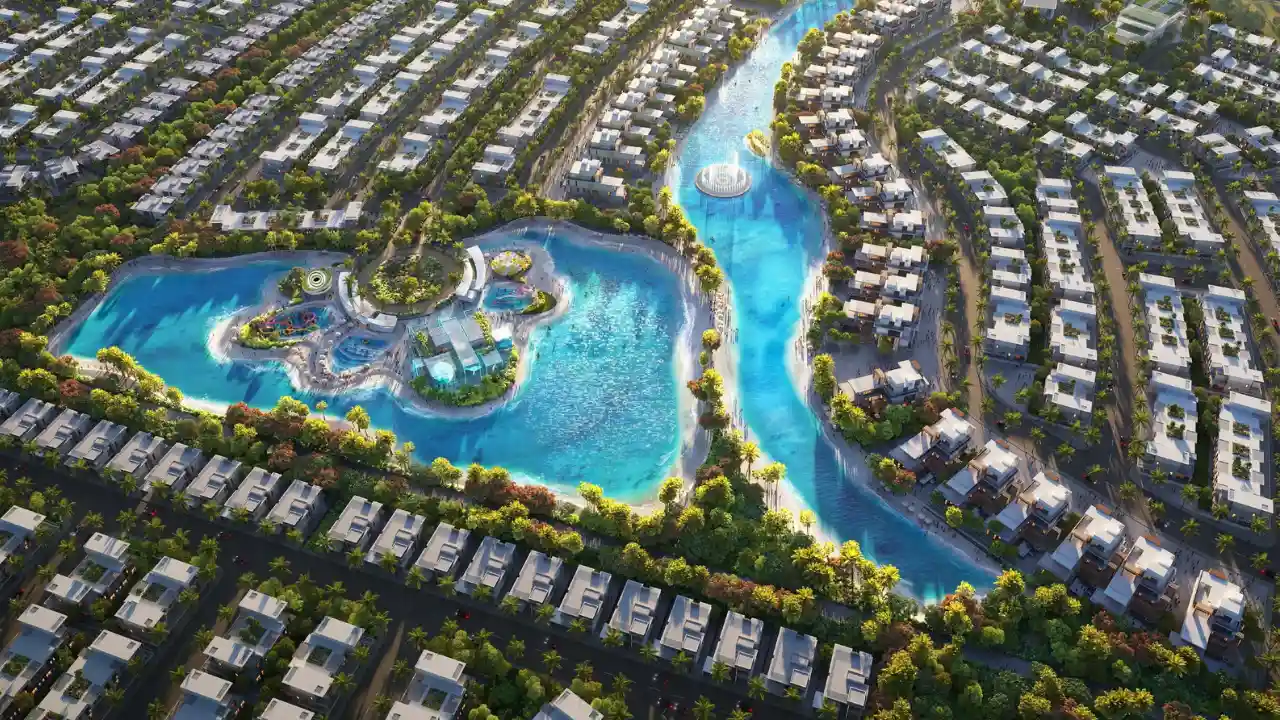 DAMAC Islands by DAMAC Properties aerial masterplan showing lagoon network island amenities and villa communities in Dubai - Presented by Tohid Fetrat