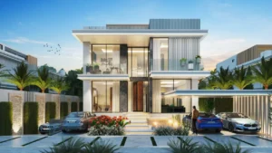 DAMAC Islands by DAMAC Properties modern villa exterior with glass facade landscaped entrance and private parking in Dubai - Presented by Tohid Fetrat
