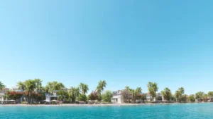 DAMAC Islands by DAMAC Properties waterfront villas with palm lined promenade and lagoon views under clear sky in Dubai - Presented by Tohid Fetrat