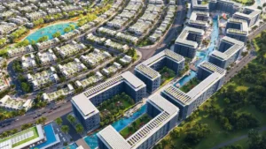 DAMAC Riverside by DAMAC Properties canal side residential buildings with landscaped courtyards and waterfront pools in Dubai - Presented by Tohid Fetrat