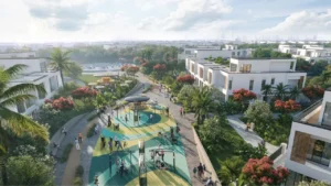 DAMAC Riverside by DAMAC Properties community park with outdoor fitness area playground and landscaped walkways surrounded by modern villas in Dubai - Presented by Tohid Fetrat