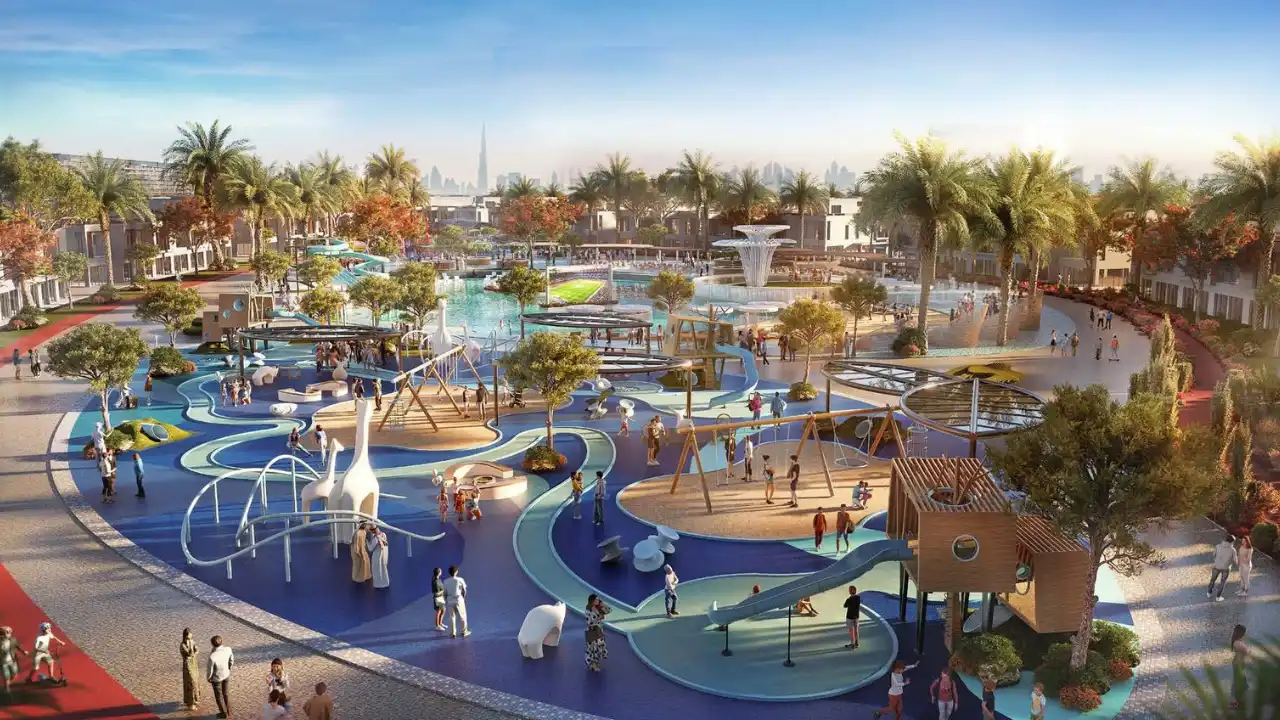 DAMAC Riverside by DAMAC Properties family park with water features playground areas and landscaped surroundings in Dubai - Presented by Tohid Fetrat