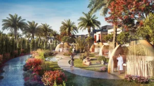 DAMAC Riverside by DAMAC Properties landscaped garden walkway with waterfront stream and private relaxation pods surrounded by palm trees in Dubai - Presented by Tohid Fetrat