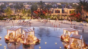 DAMAC Riverside by DAMAC Properties lagoon beach with floating cabanas ambient lighting and waterfront villas at dusk in Dubai - Presented by Tohid Fetrat