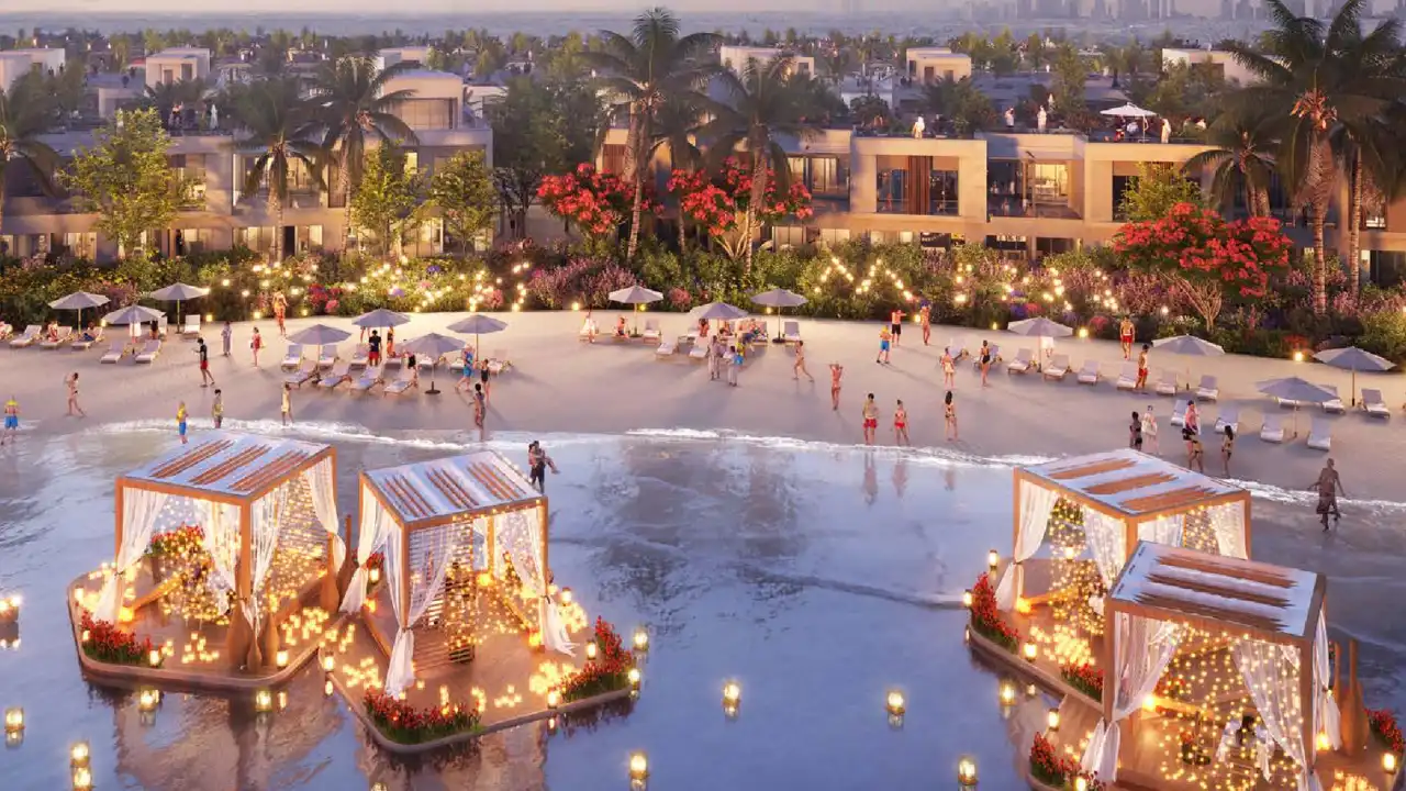 DAMAC Riverside by DAMAC Properties lagoon beach with floating cabanas ambient lighting and waterfront villas at dusk in Dubai - Presented by Tohid Fetrat