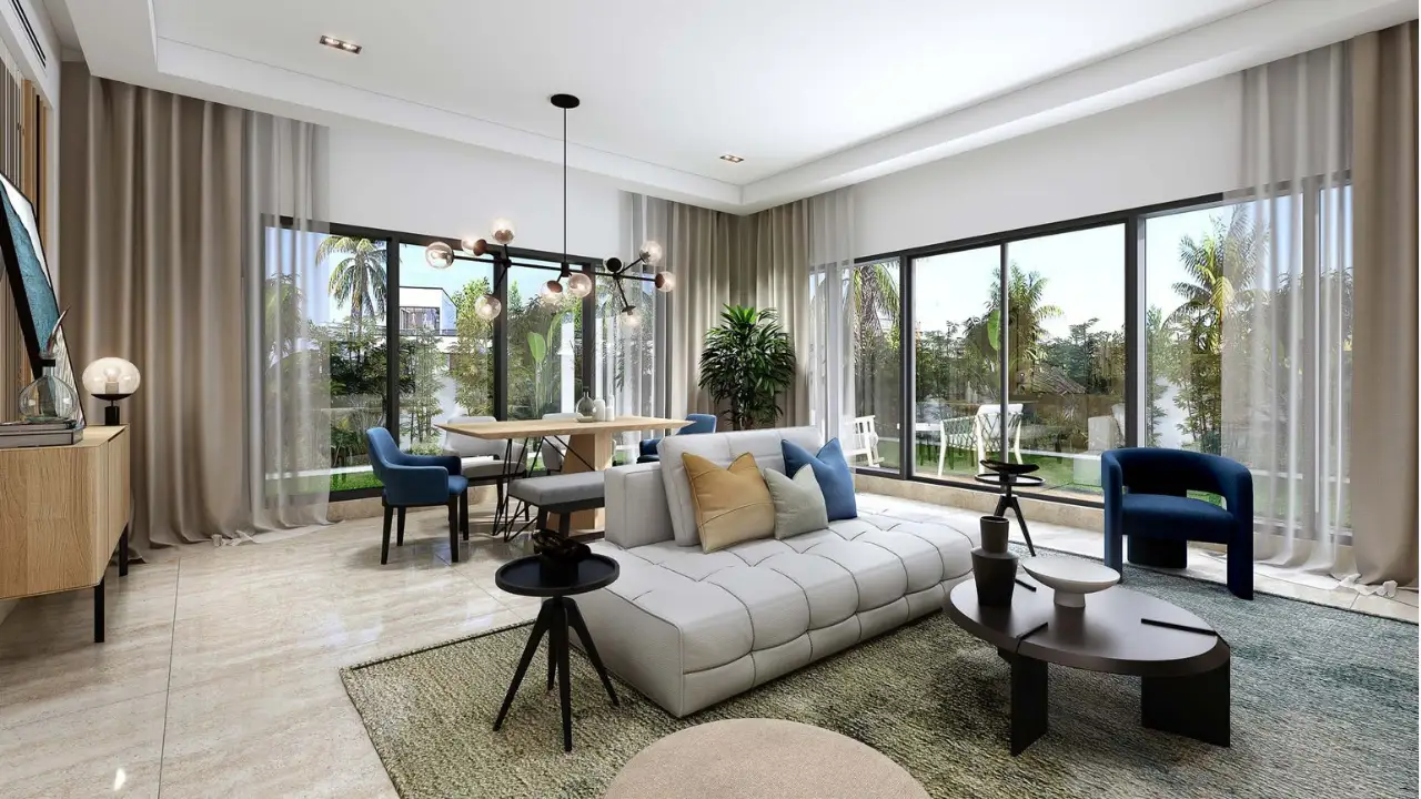 DAMAC Riverside by DAMAC Properties villa interior with open plan living and dining area floor to ceiling windows and garden view in Dubai - Presented by Tohid Fetrat