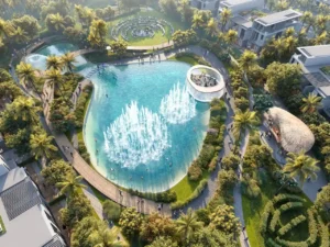 DAMAC Sun City by DAMAC Properties central lagoon with large fountain landscaped walkways and surrounding villas in Dubai - Presented by Tohid Fetrat