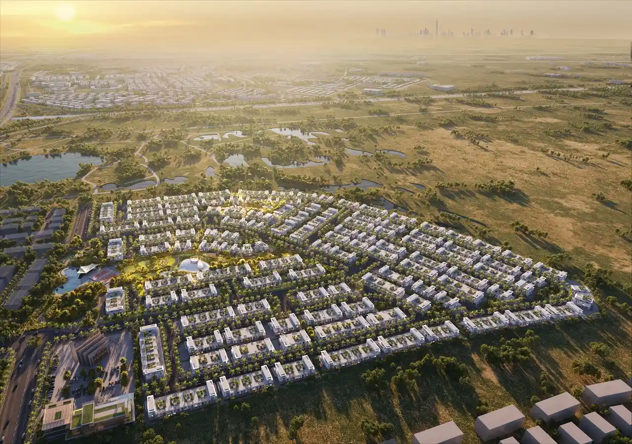 DAMAC Sun City by DAMAC Properties aerial community view with villa clusters landscaped greenery and surrounding natural areas in Dubai - Presented by Tohid Fetrat