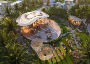 DAMAC Sun City by DAMAC Properties community pavilion with outdoor seating landscaped gardens and leisure activity areas in Dubai - Presented by Tohid Fetrat