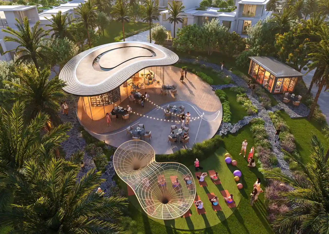 DAMAC Sun City by DAMAC Properties community pavilion with outdoor seating landscaped gardens and leisure activity areas in Dubai - Presented by Tohid Fetrat