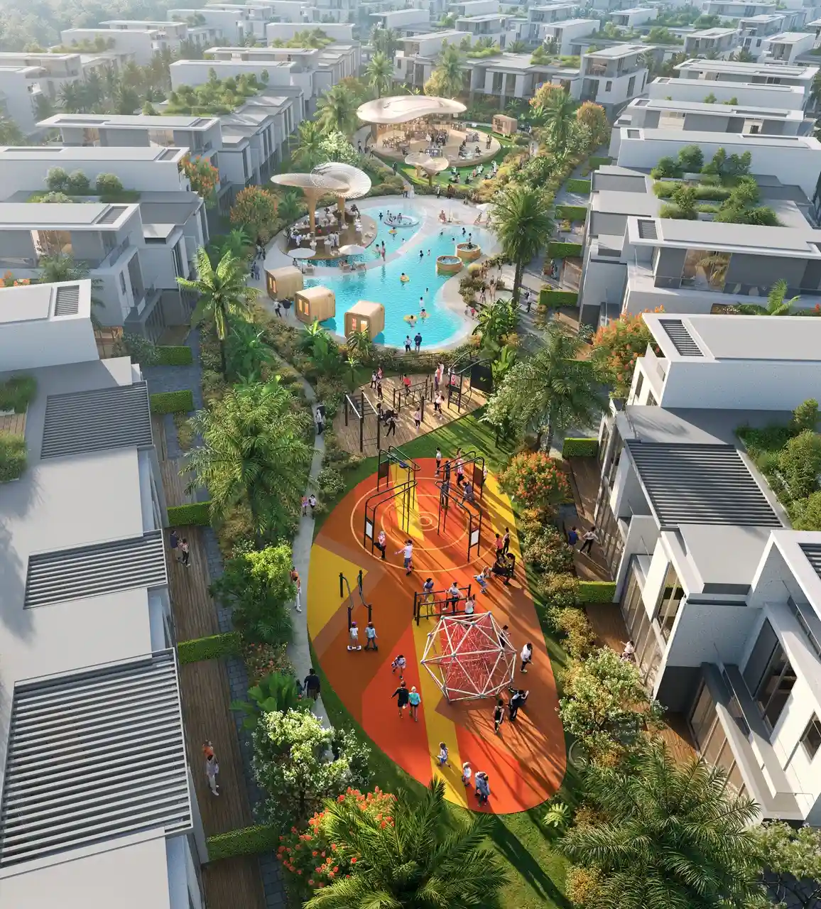 DAMAC Sun City by DAMAC Properties family park with playground fitness area lagoon pool and surrounding villas in Dubai - Presented by Tohid Fetrat