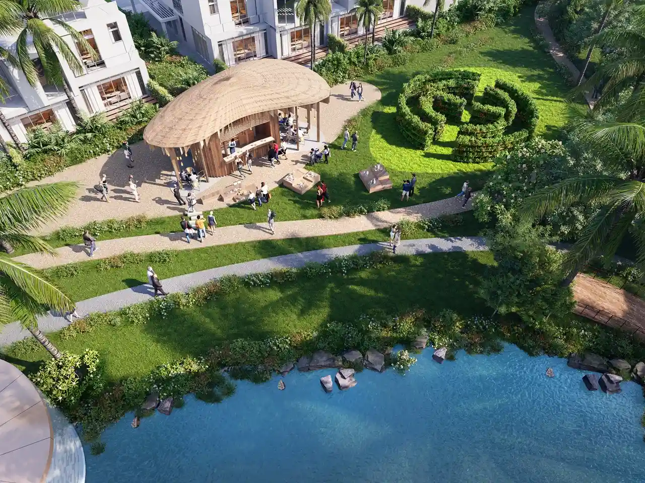 DAMAC Sun City by DAMAC Properties garden pavilion with outdoor seating landscaped pathways and waterfront greenery in Dubai - Presented by Tohid Fetrat
